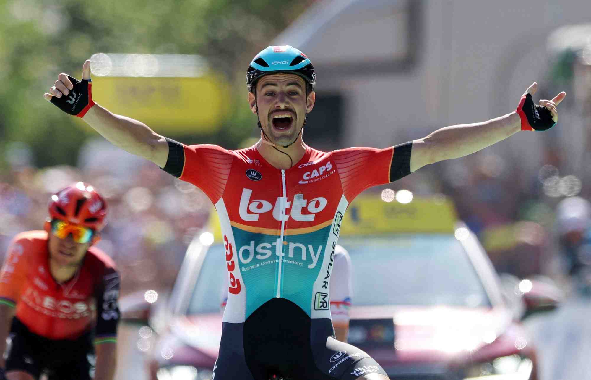 Cyclisme/tour de france: victor campenaerts de lotto dstny celebre sa victoire lors de l'etape 18