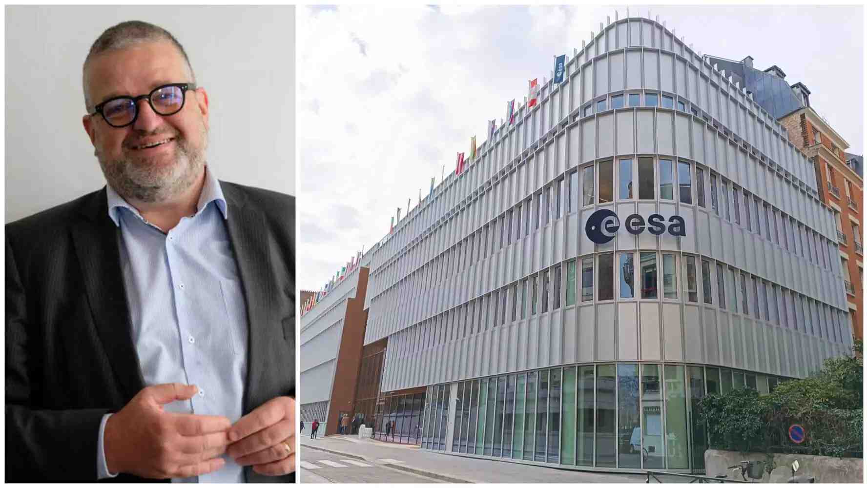 O. Lemaitre, secrétaire général d'Eurospace et le siège rénové de l'ESA à Paris