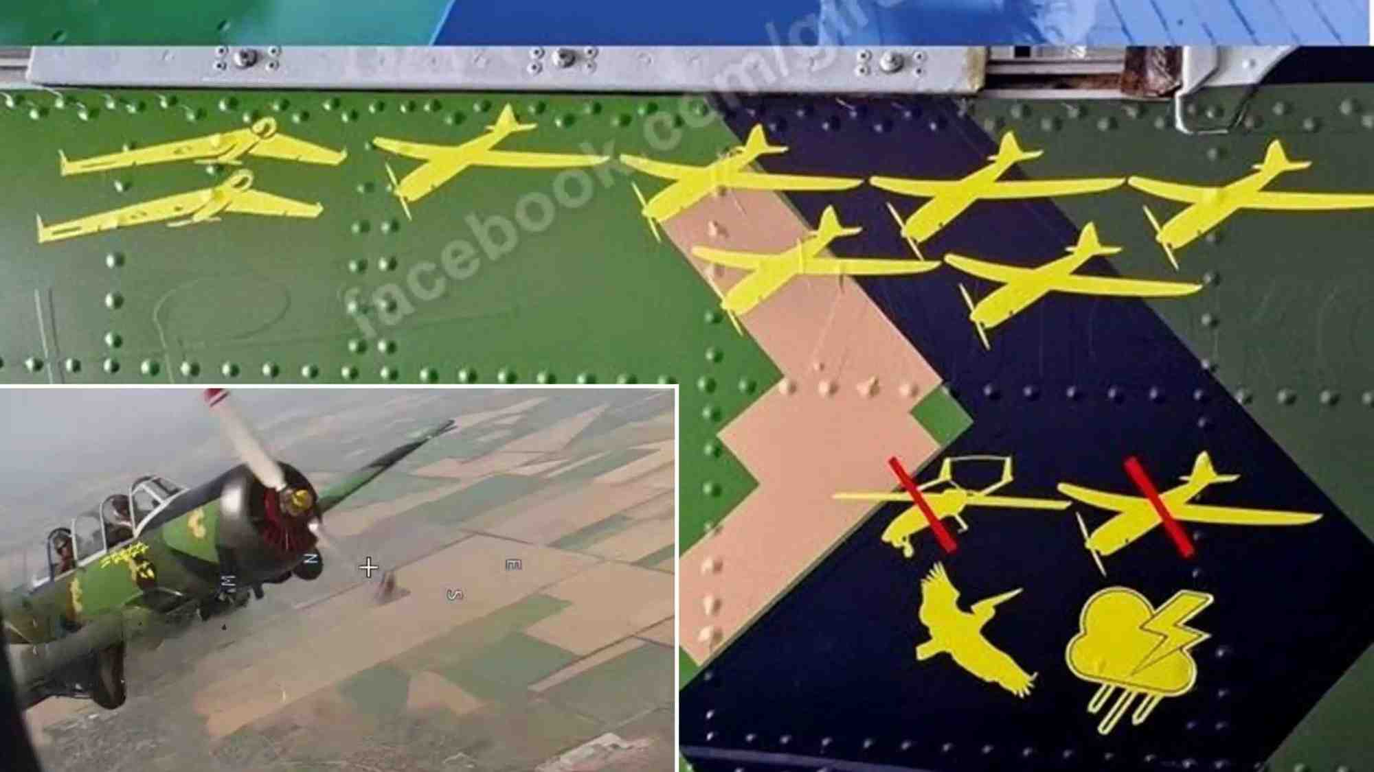Un Yak-52 ukrainien filmé par un drone russe peu avant son interception. D'après les marques de victoires, plusieurs drones de reconnaissance ont déjà été abattus.