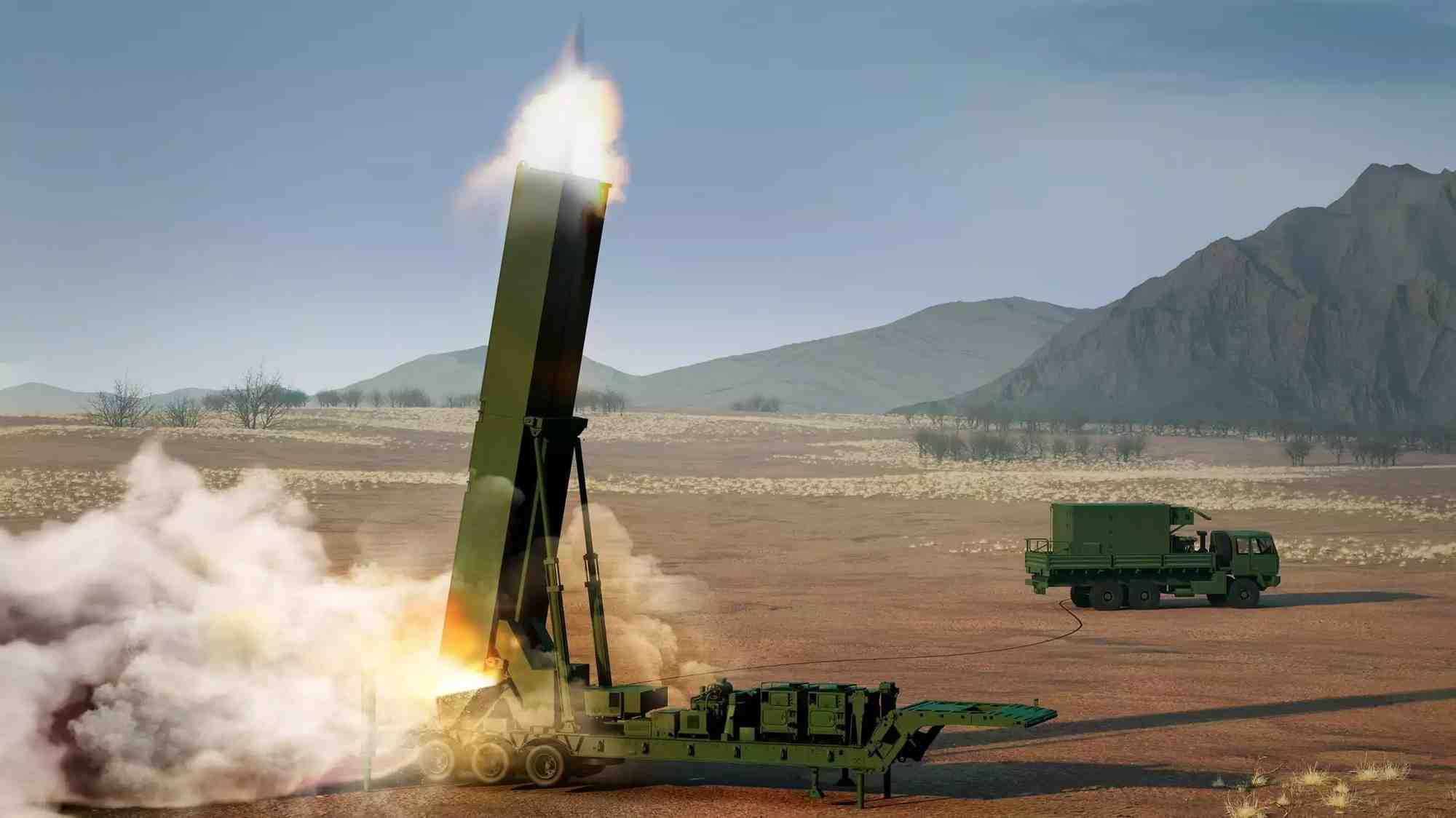 Représentation du tir d'un missile équipé d'un planeur hypersonique depuis une batterie LRHW.