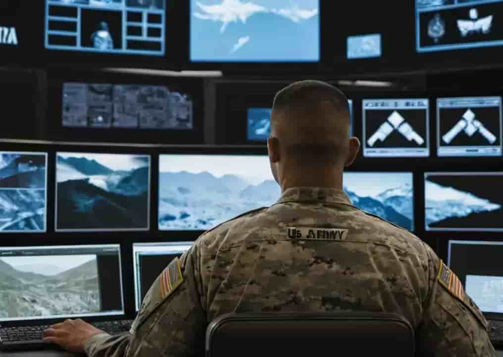 Image générée par intelligence artificielle d’un soldat américain devant un tableau de contrôle.