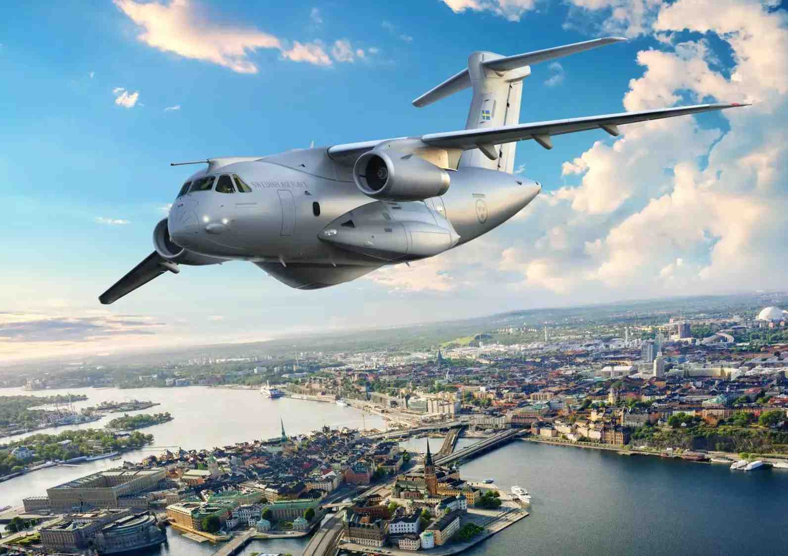 Représentation d'un avion de transport tactique C-390 Millenium suédois au-dessus de Stockholm.