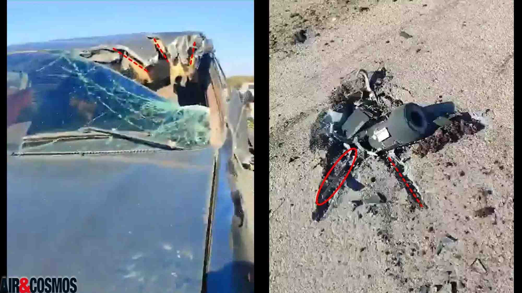 (à g.) L'impact sur la voiture montre les dégâts causés par les lames alors qu'un débris (à dr.) de missile AGM-114R-9X était sur la route avec encore une lame visible.
