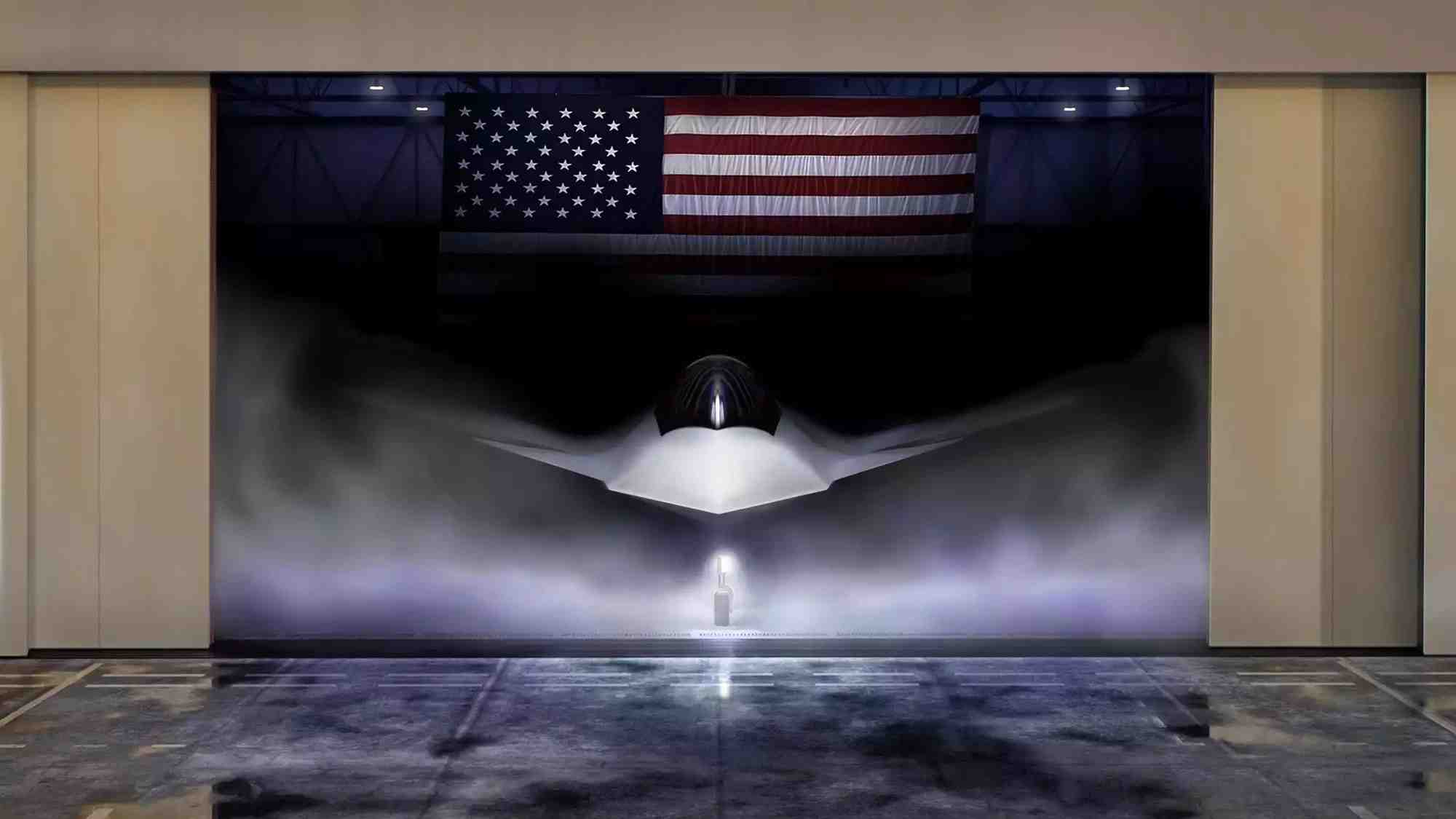 Rendu du F-47 présenté à la Maison-Blanche lors de la sélection de Boeing comme premier contractant du NGAD, visant à développer l'avion de combat de sixième génération de l'USAF (21 mars 2025).