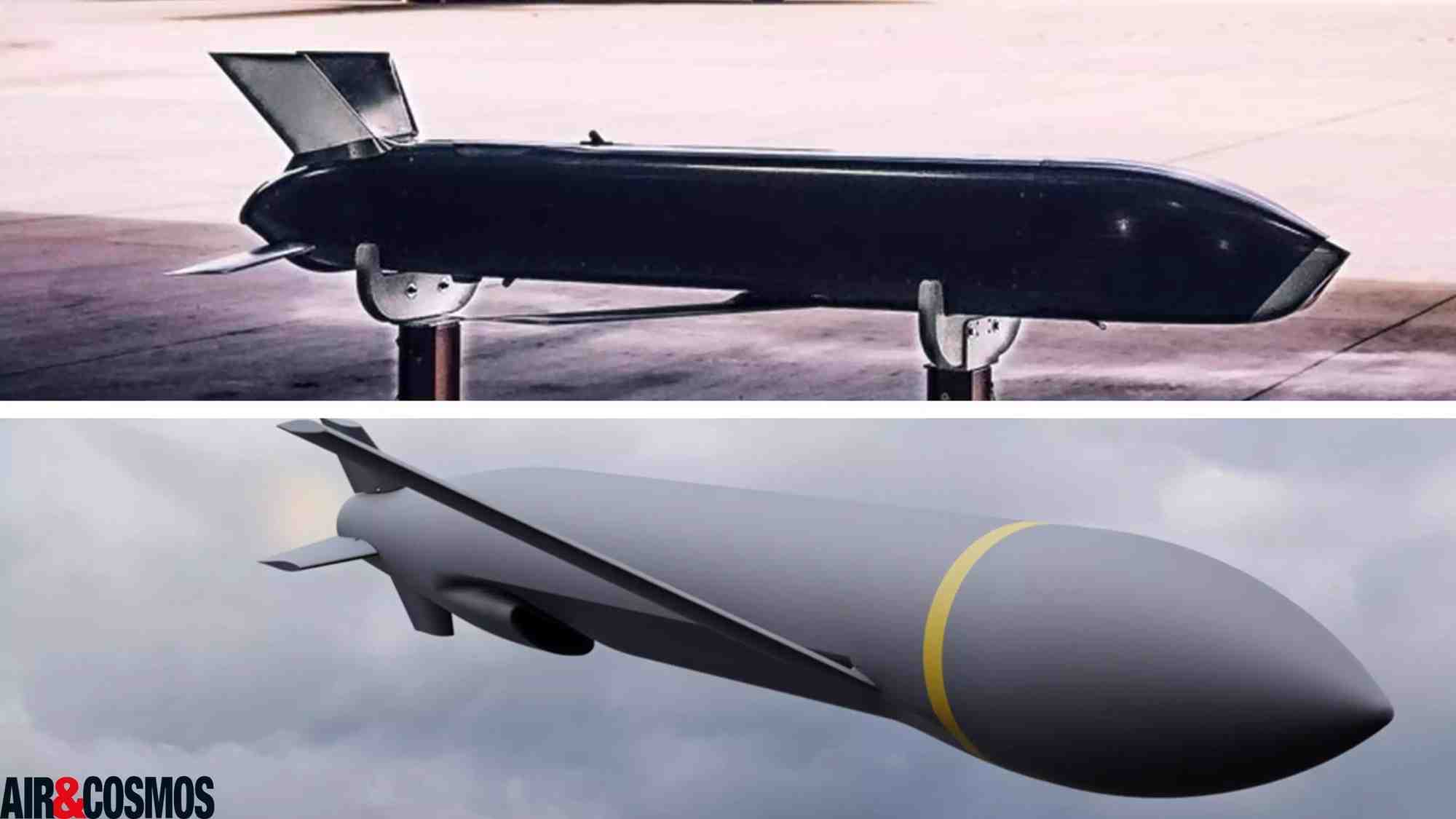 Les deux missiles low cost longue portée du programme ERAM : le Rusty Dagger (en haut) et le RAACM (en bas).
