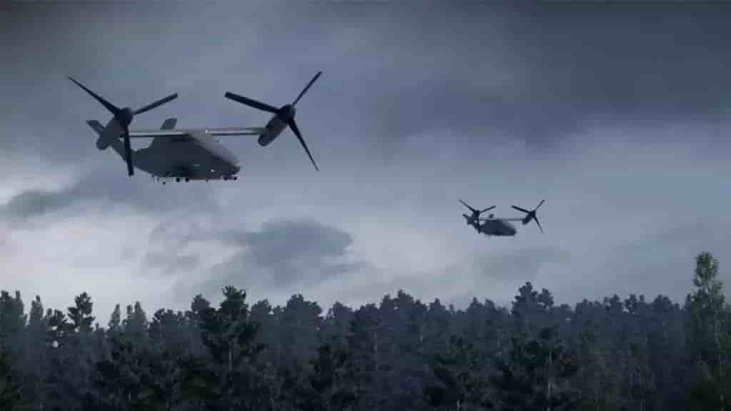 Représentation de deux tiltrotors autonomes CxR de Boeing équipés de tubes lance-drones (octobre 2025).