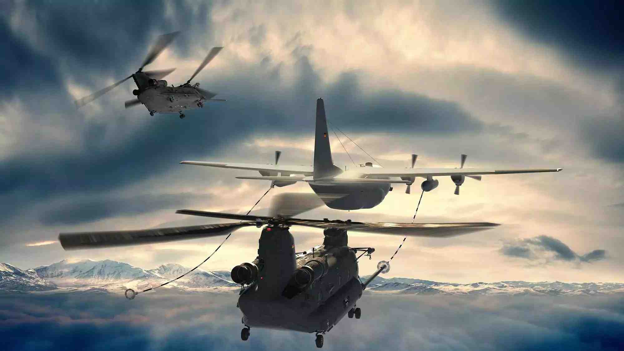 Représentation du ravitaillement en vol de deux CH-47F Block II allemands par un KC-130J allemand.