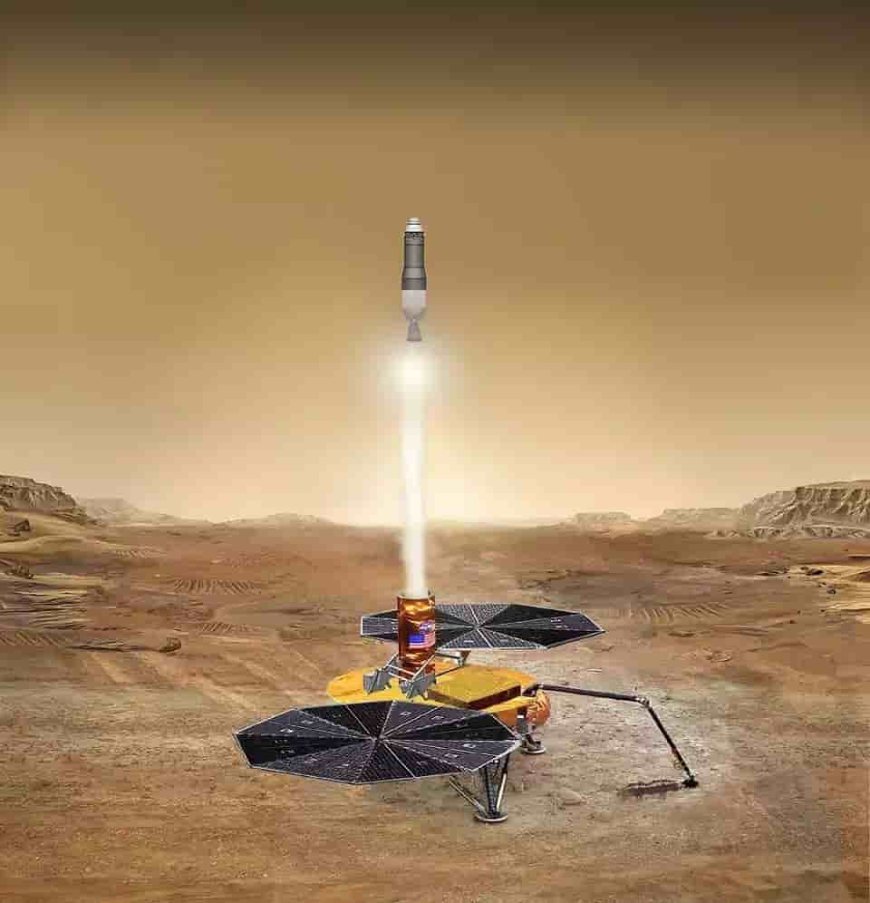 Vue d’artiste de 2003 représentant le départ des échantillons depuis la planète Mars selon le concept GBMSR.