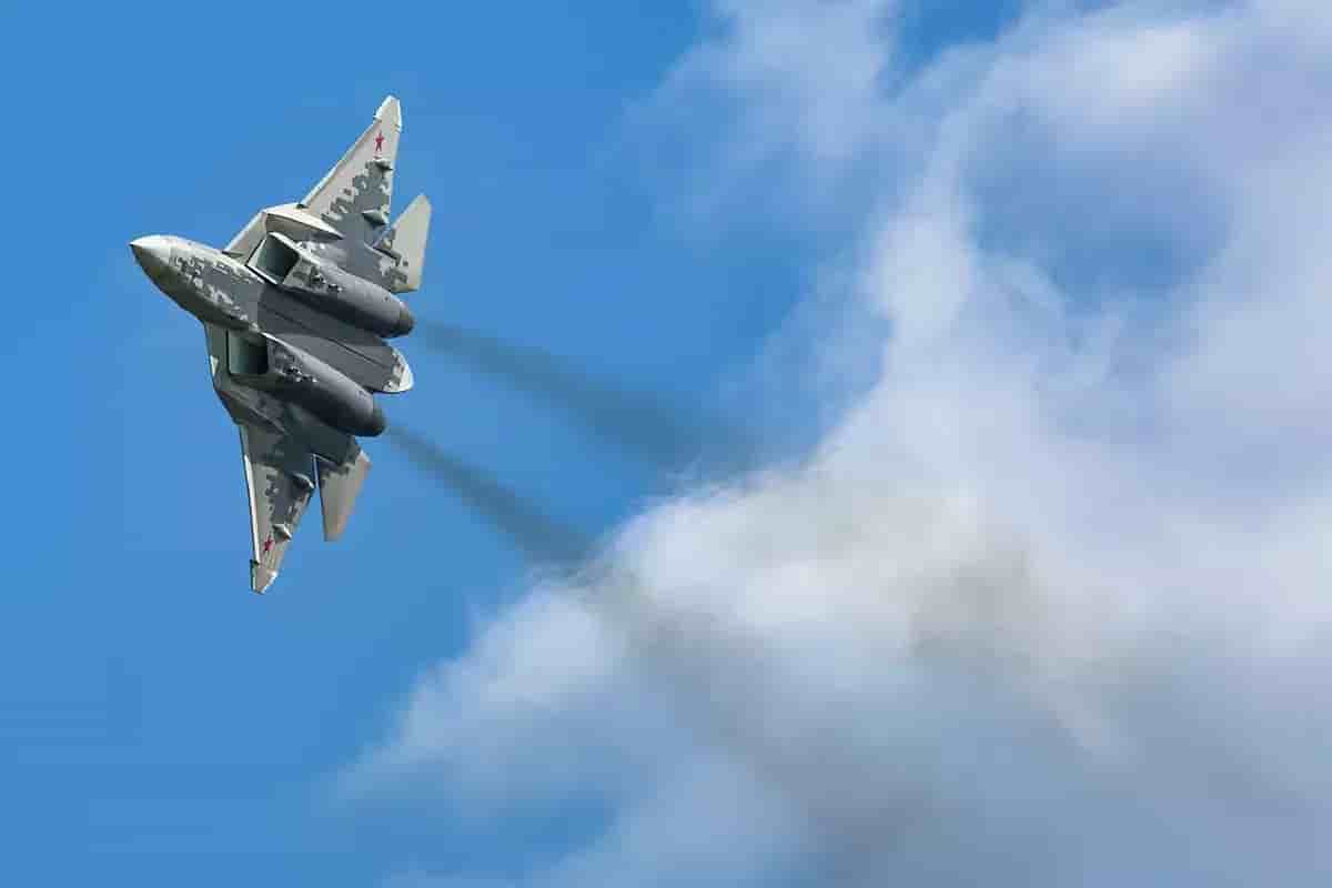 Démonstration de vol d'un Su-57 russe lors du salon Army 2020.