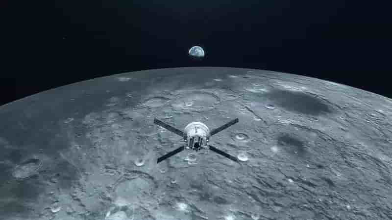 Vue d’artiste du vaisseau Orion survolant la Lune.