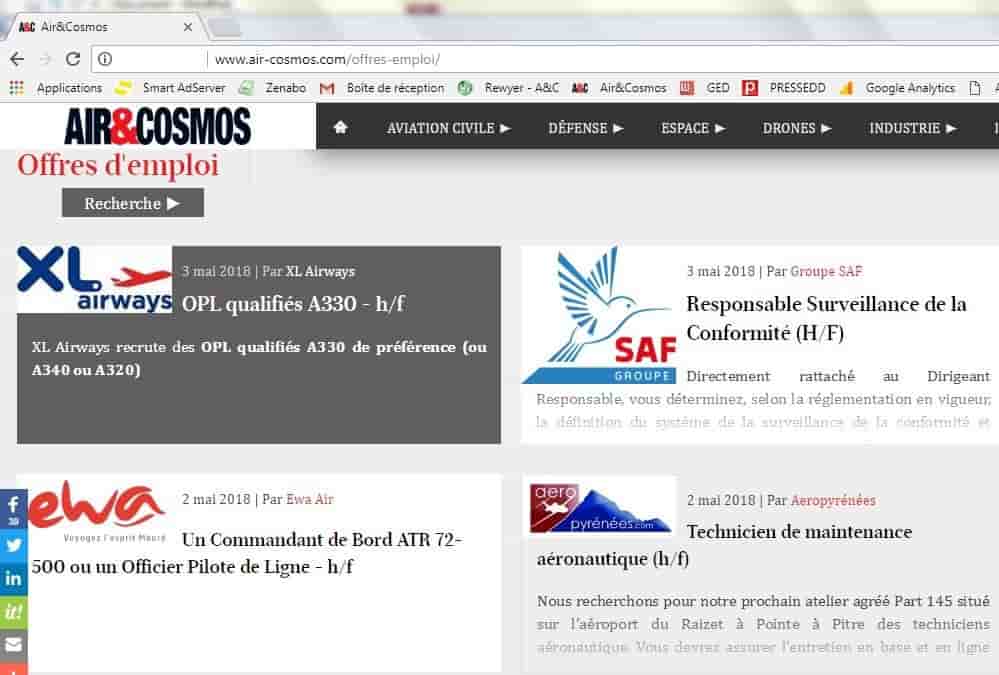 La rubrique Offres d'emploi d'Air&Cosmos sur le web, les réseaux sociaux en push.