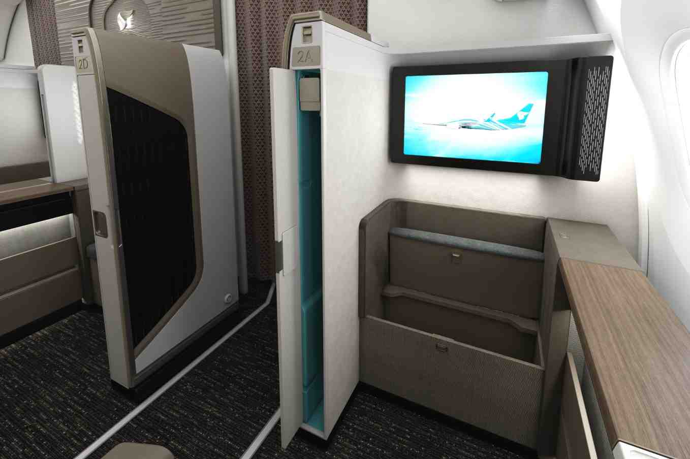 Vue de la Mini Suite d'Oman Air portes ouvertes.