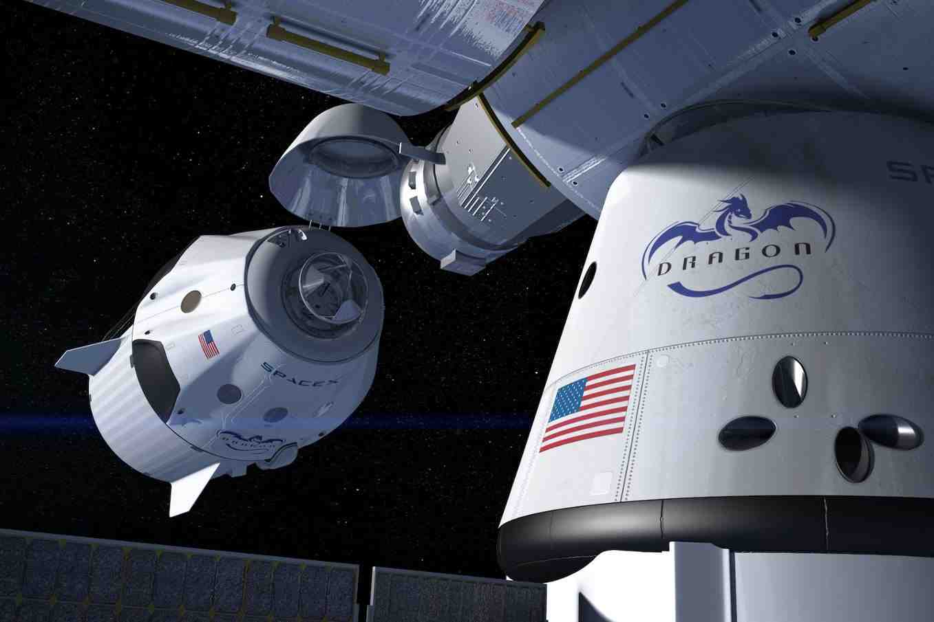 Vue d'artiste d'un amarrage de Crew Dragon à l'ISS