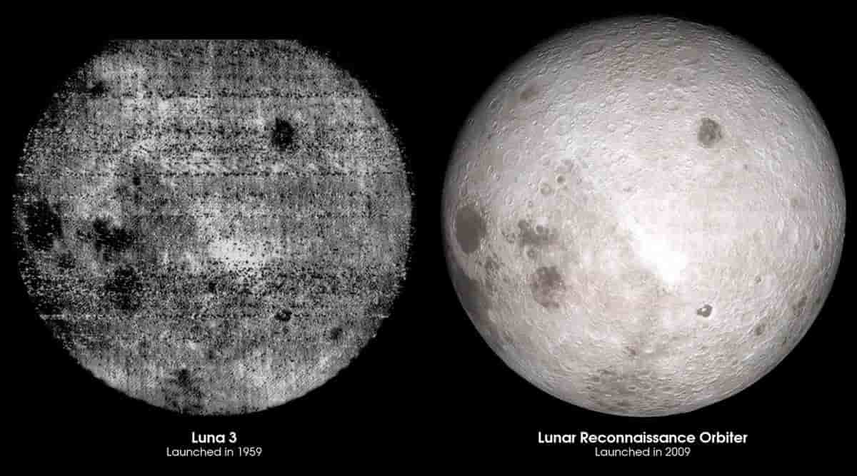 Comparaison de la première photographie de la face cachée de la Lune par la sonde Luna-3, avec un assemblage de clichés de la sonde LRO.