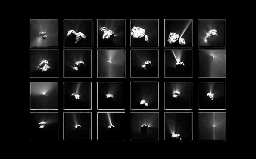 Mosaïque d'images de la comète prises par la sonde Rosetta entre 2014 et 2016.
