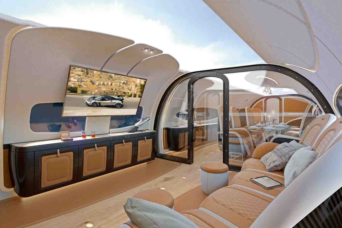 L'espace lounge/cinéma de la cabine Infinito de l'ACJ319