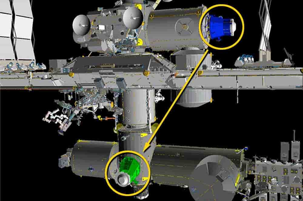 Schéma montrant la position de départ du port PMA 3 (en bleu) et sa nouvelle position (en vert).