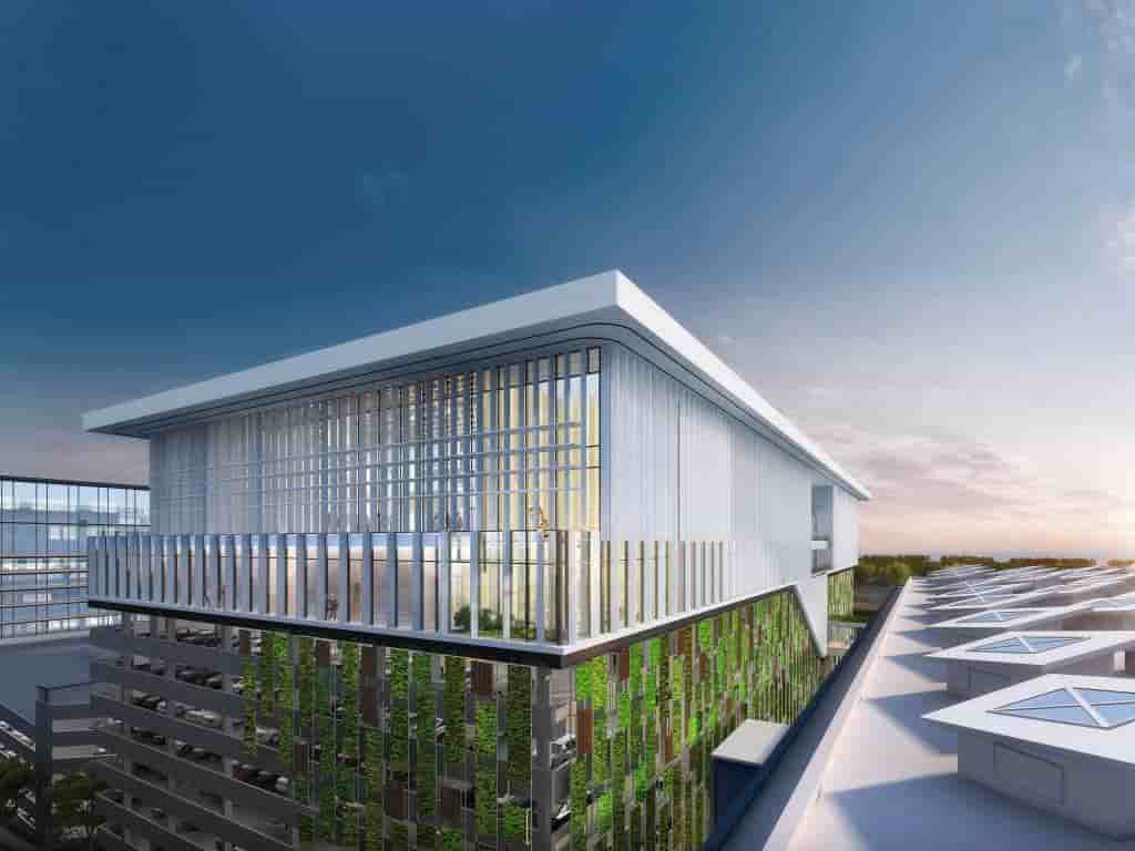 Le futur bâtiment de l'Académie internationale d'aviation de Hong Kong à laquelle l'Enac apportera des contenus pédagogiques.