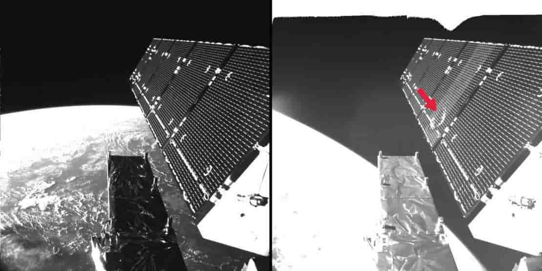 Un trou béant apparaît clairement en bas du deuxième segment du panneau solaire.