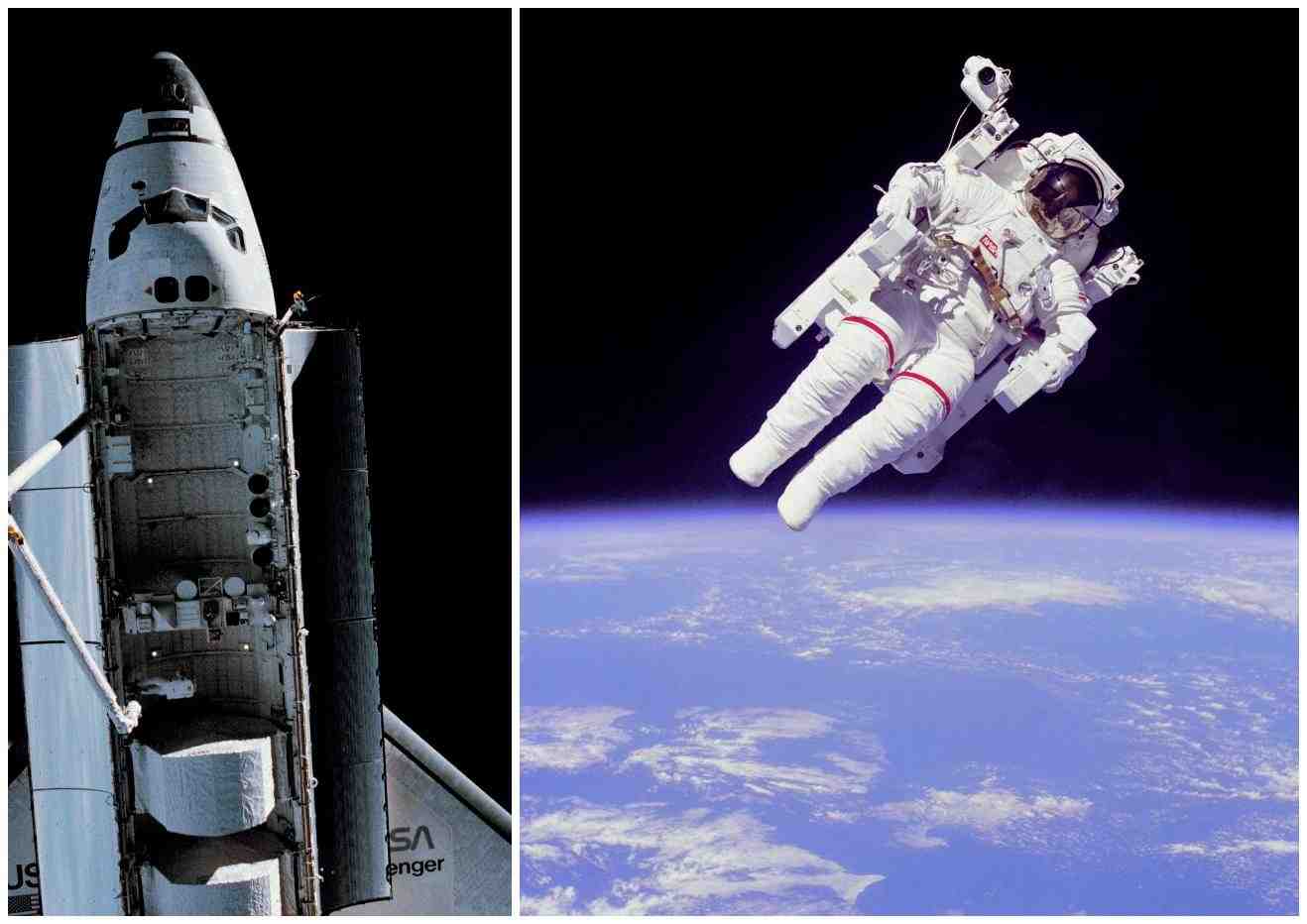 L'astronaute Robert Stewart dans la soute de Challenger et Bruce McCandless sans "fil à la patte"