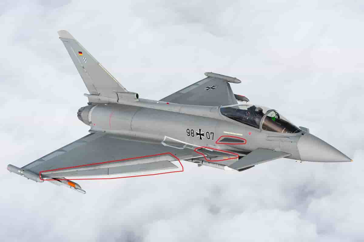 L'Eurofighter IPA7, dont les principales modifications d'ordre aérodynamique sont encadrées en rouge.