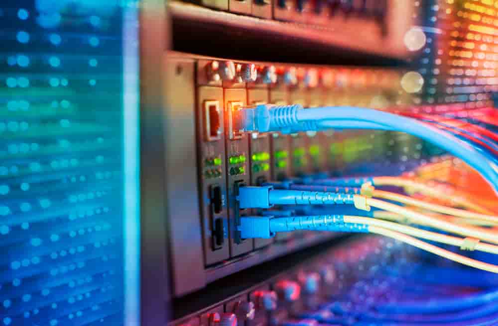 Des câbles en fibre optique connectés à des ports optiques.