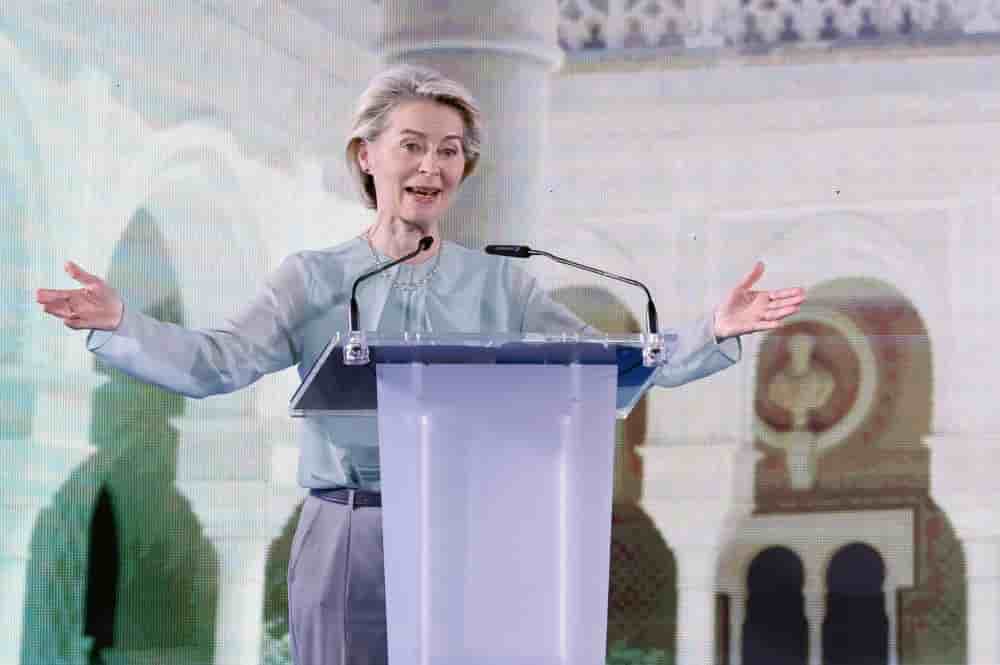 epa12206229 President of the European Commission Ursula von der Leyen gives the opening speech at the groundbreaking for the construction of the new headquarters for the Joint Research Centre (JRC), an event entitled 'The New Joint Research Centre...