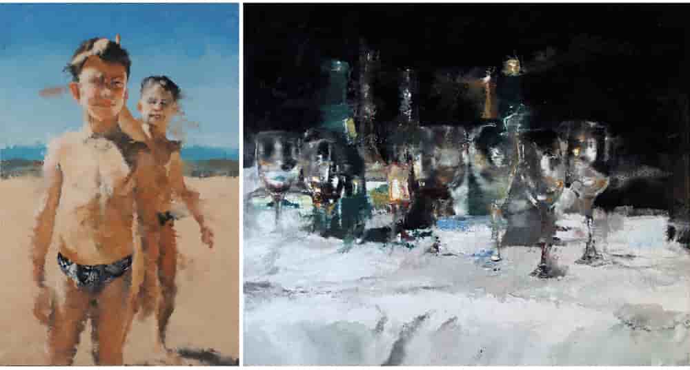 « Guillaume et Thomas », 1996, et « Table fin de repas », 2012, par Philippe Cognée.