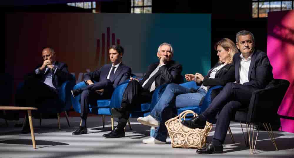 Édouard Philippe, Gabriel Attal, François Bayrou,Yaël Braun Pivet et Gérald Darmanin à l'événement du parti Renaissance à la cité du cinéma à Saint-Denis.