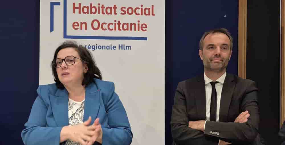 Emmanuelle Cosse, la présidente nationale de l’Union Sociale pour l’Habitat (USH) le 6 novembre 2025, aux côtés du maire de Montpelier, Michaël Delafosse.