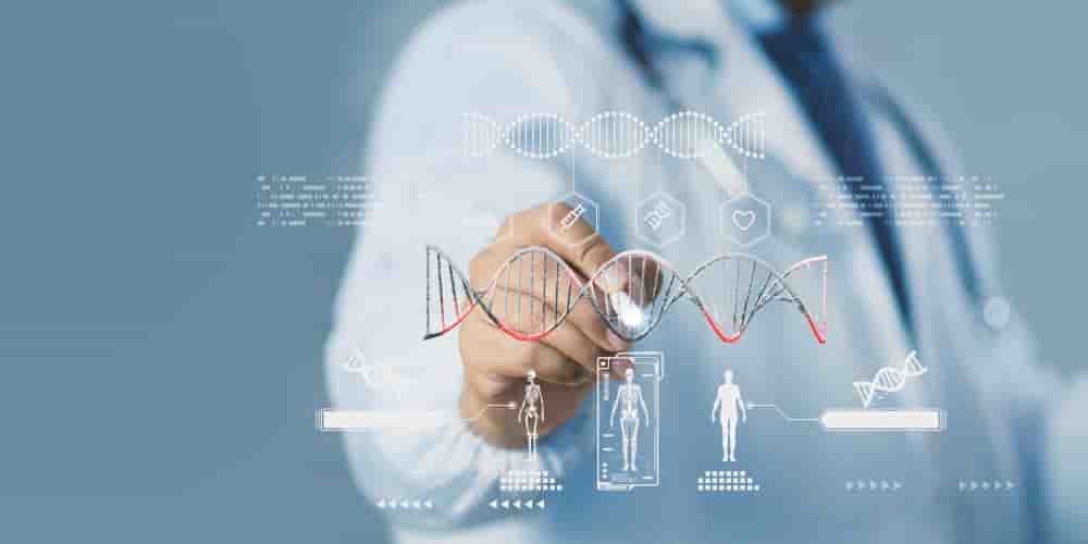 Doctor analyzing DNA structure using AI and digital hologram interface, representing biotechnology innovation, genetic research, precision medicine, futuristic healthcare technology in modern science.