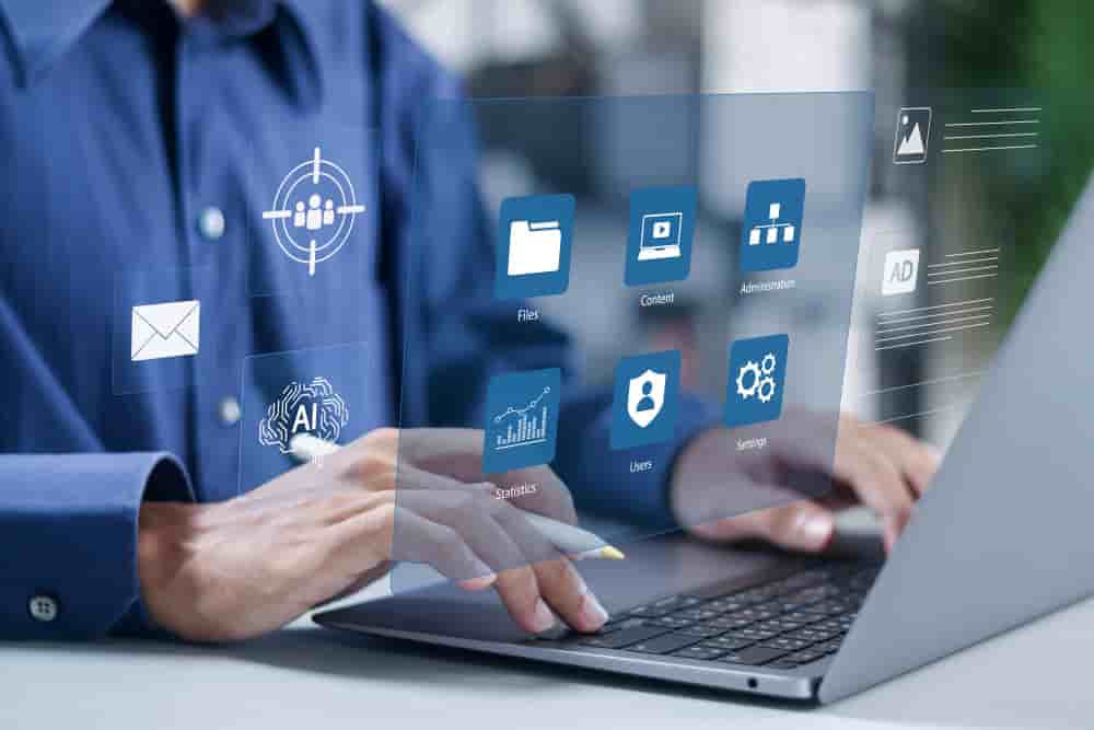 Content management system, Administration, statistics, user and configuration settings, create and publish articles. Businessman using laptop with web site management software CMS.