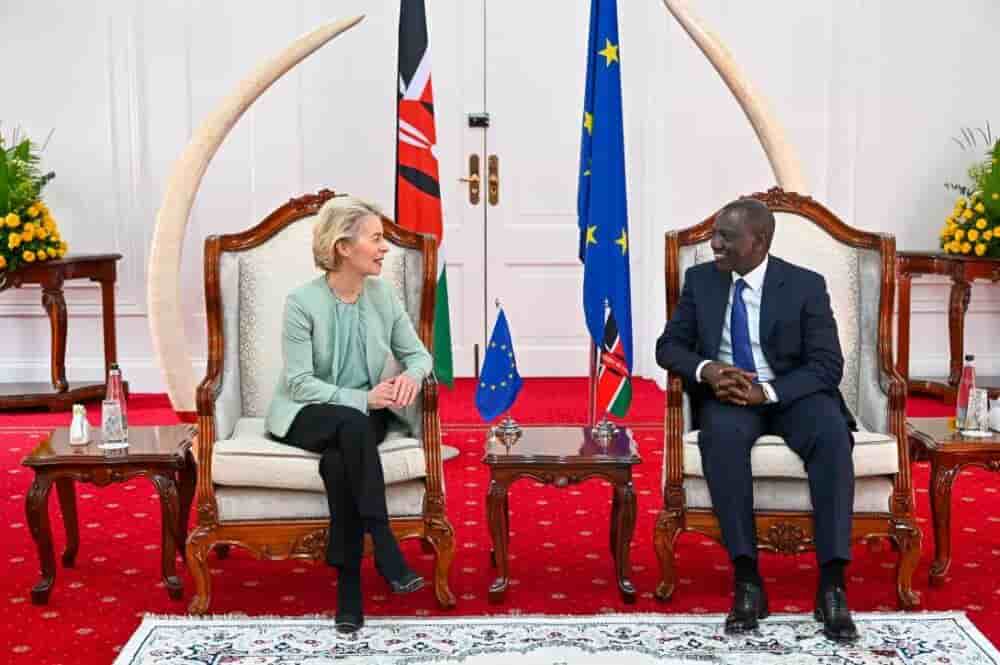 Rencontre entre Ursula von der Leyen, présidente de la Commission européenne, et William Ruto, président du Kenya. L’UE et le Kenya ont signé un ambitieux APE le 18 décembre 2023.