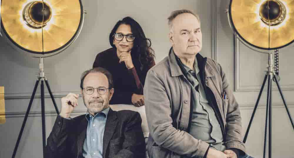 Marc Levy, Nathacha Appanah et Hervé Le Tellier, à Paris, le 24 novembre 2025.