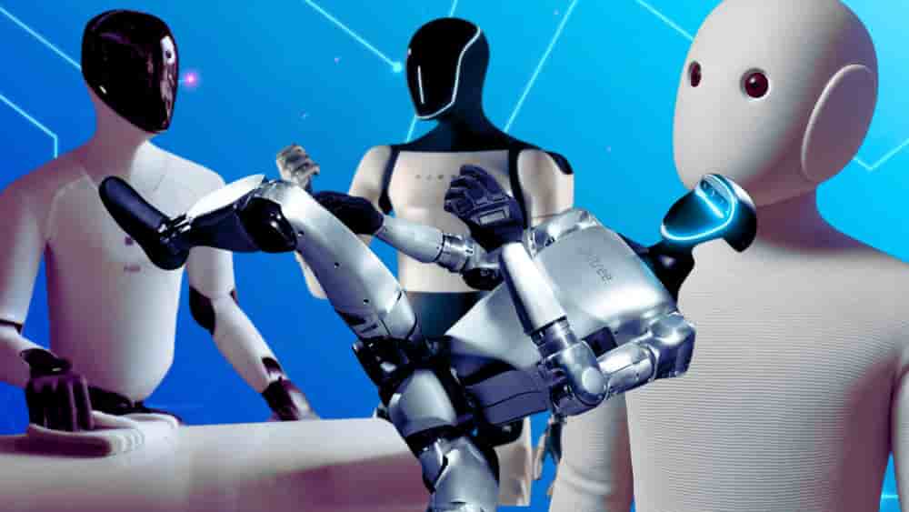 Quatre modèles pourraient s'imposer en 2026. De gauche à droite : le robot Figure 03, le Tesla Optime, H1 de Unitree et le 1X de Neo.