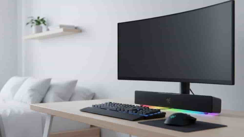 La Razer Leviathan V2 X trouve sa place sous l’écran sans encombrer le bureau.