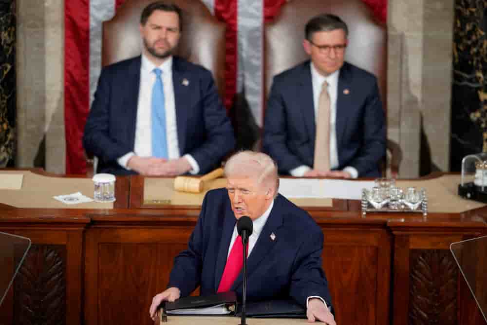 Le président américain Donald Trump prononce son discours sur l’état de l’Union dans la Chambre des représentants du Capitole à Washington, D.C., États-Unis, le 24 février 2026.