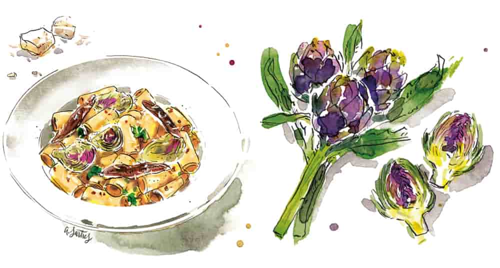 Anne Etorre, autrice-gastronome, propose ses pâtes aux artichauts, anchois et pecorino.
