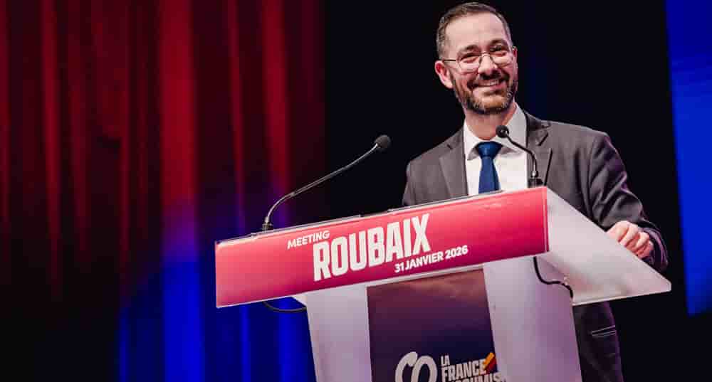 Meeting de David Guiraud et Jean-Luc Mélenchon à Roubaix le 31 janvier 2026.