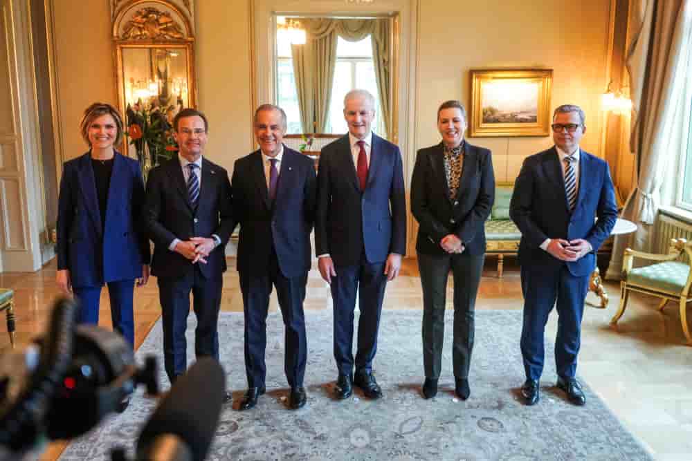 Le Premier ministre islandais Kristrun Frostadottir, le Premier ministre suédois Ulf Kristersson, le Premier ministre canadien Mark Carney, le Premier ministre norvégien Jonas Gahr Stoere, la Première ministre danoise Mette Frederiksen et le Premier...