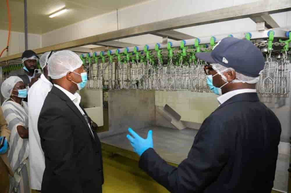 Le ministre gabonais de l’Agriculture, Pacôme Kossy, aux côtés de son homologue sénégalais Mabouba Diagne, lors d’une visite d’une installation avicole au Sénégal.
