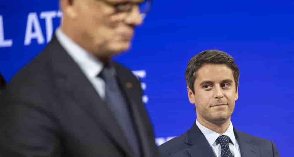 Gabriel Attal lors du meeting de campagne de Pierre-Yves Bournazel, candidat de centre-droit à la mairie de Paris, le 10 février 2026.
