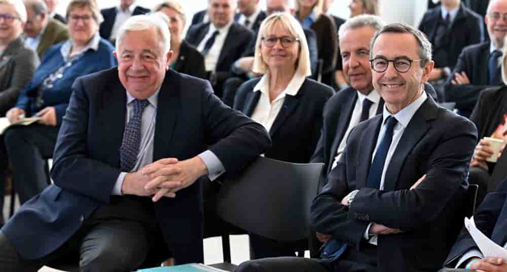 Gérard Larcher et Bruno Retailleau lors du séminaire des sénateurs LR à Nancy, le 17 avril 2026.