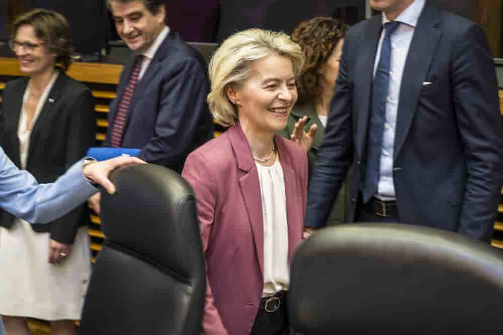 4 mars 2026 : Ursula von der Leyen, présidente de la Commission européenne, avant la réunion devant adopter la loi sur l'accélération industrielle visant à renforcer le secteur manufacturier européen.