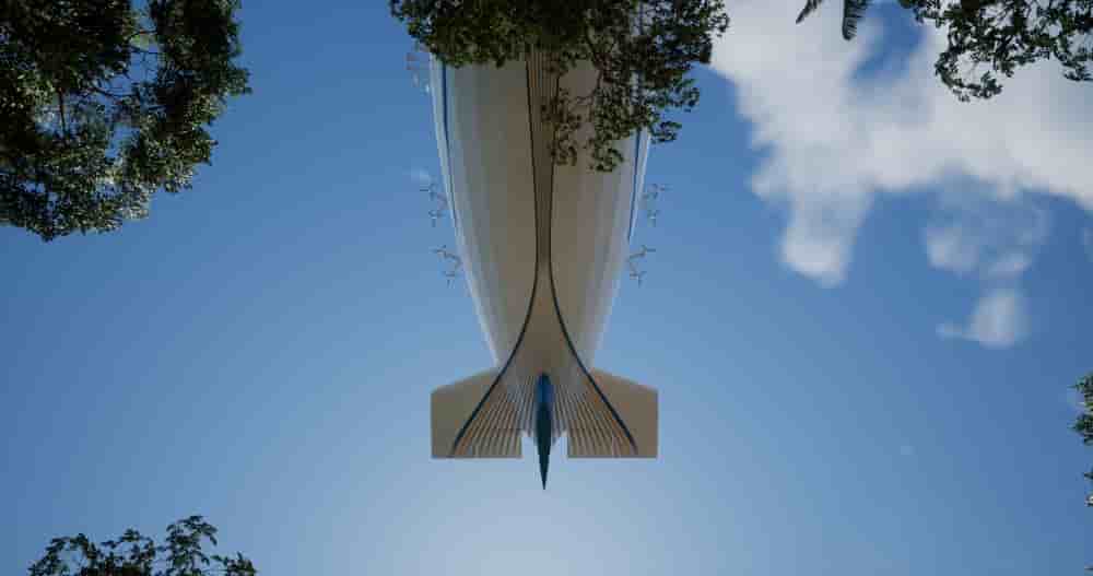 Visuel d’un dirigeable géant de Flying Whales en vol.