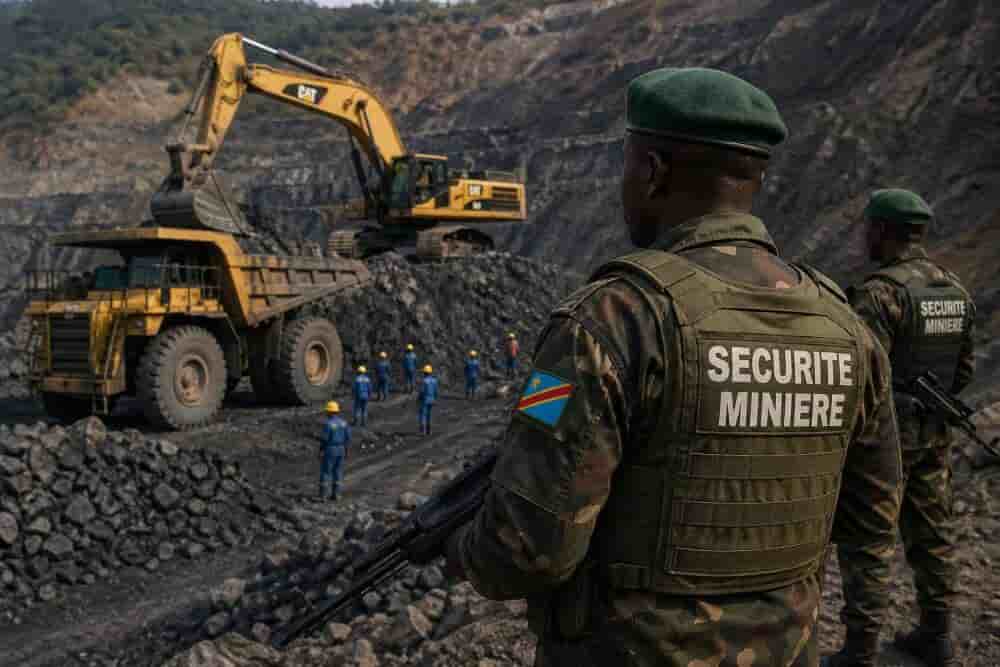 Des gardes armés assurent la sécurité d'un site minier en RDC.