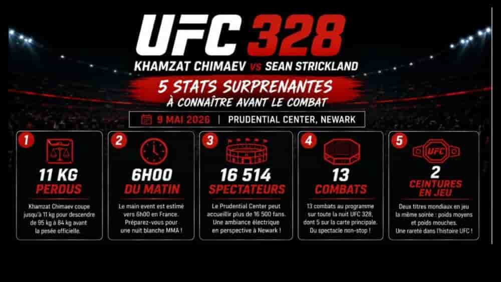 UFC 328 : Khamzat Chimaev à Sean Strickland le 9 mai 2026 au Prudential Center de Newark.