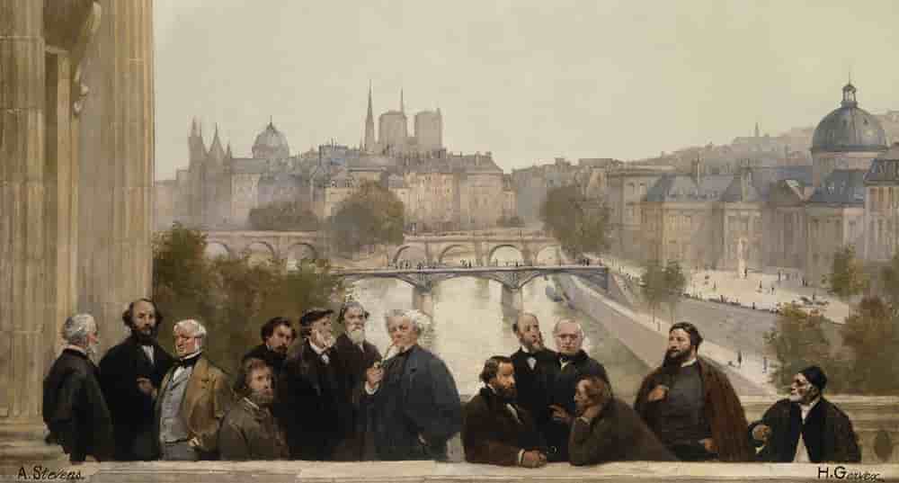 « Les peintres, Dupré, Rousseau, Isabey, Millet, Couture, Daubigny, Diaz, Corot, Troyon, Fromentin, Barye, Decamps, Courbet, Robert-Fleury, fragment du panorama sur l'Histoire du siècle », Henri Gervex (1852-1929) et Alfred Stevens (1823-1906), huile...