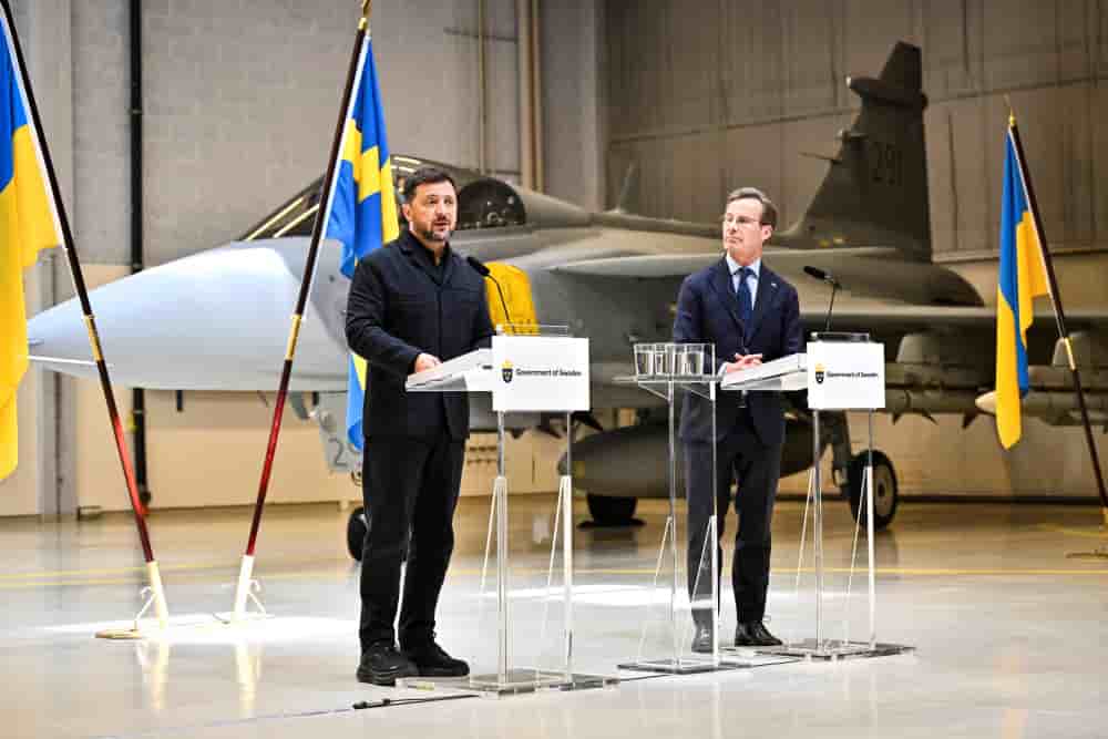 Conférence de presse du Premier ministre suédois Ulf Kristerssen et de Volodymyr Zelensky à Uppsala.