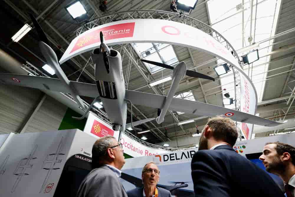 Un drone fabriqué par Delair est exposé au 55e Salon international de l'aéronautique et de l'espace de Paris, à l'aéroport du Bourget, près de Paris.